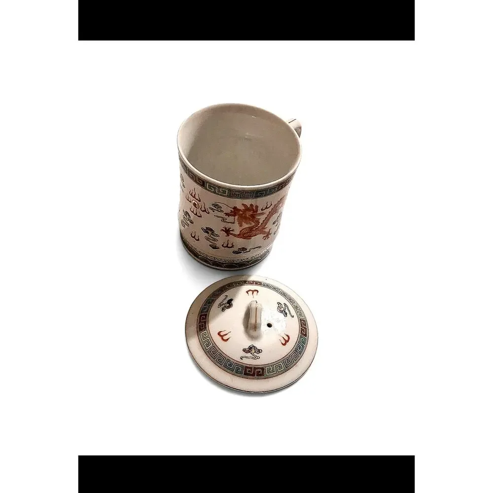 Vintage Chinese Mug with Lid Famille Rose Dragon Cup